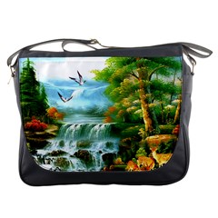 Paradise Forest Painting Bird Deer Waterfalls Messenger Bag by Ndabl3x