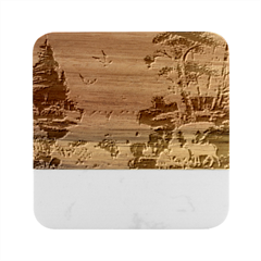 Paradise Forest Painting Bird Deer Waterfalls Marble Wood Coaster (square) by Ndabl3x