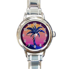 Abstract 3d Art Holiday Island Palm Tree Pink Purple Summer Sunset Water Round Italian Charm Watch