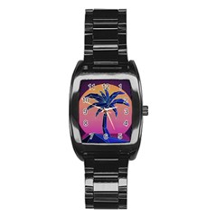 Abstract 3d Art Holiday Island Palm Tree Pink Purple Summer Sunset Water Stainless Steel Barrel Watch