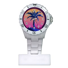 Abstract 3d Art Holiday Island Palm Tree Pink Purple Summer Sunset Water Plastic Nurses Watch