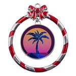 Abstract 3d Art Holiday Island Palm Tree Pink Purple Summer Sunset Water Metal Red Ribbon Round Ornament Front