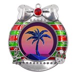 Abstract 3d Art Holiday Island Palm Tree Pink Purple Summer Sunset Water Metal X Mas Ribbon With Red Crystal Round Ornament Front