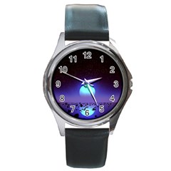 Sunset Colorful Nature Night Purple Star Round Metal Watch