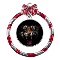 Tiger Angry Nima Face Wild Metal Red Ribbon Round Ornament