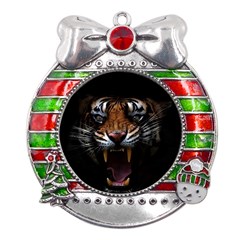 Tiger Angry Nima Face Wild Metal X Mas Ribbon With Red Crystal Round Ornament