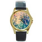 Palm Trees Beauty Nature Clouds Summer Round Gold Metal Watch Front