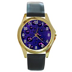 Purple Waterdrops Water Drops Round Gold Metal Watch