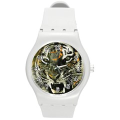 Angry Tiger Animal Broken Glasses Round Plastic Sport Watch (m)