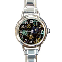 Gold Teal Snowflakes Round Italian Charm Watch by Grandong