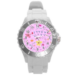 Pink Flowers Pattern Round Plastic Sport Watch (l) by Grandong