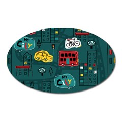 Seamless Pattern Hand Drawn With Vehicles Buildings Road Oval Magnet by Grandong