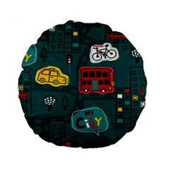 Seamless Pattern Hand Drawn With Vehicles Buildings Road Standard 15  Premium Flano Round Cushions by Grandong