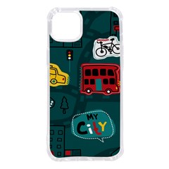 Seamless Pattern Hand Drawn With Vehicles Buildings Road Iphone 14 Plus Tpu Uv Print Case by Grandong
