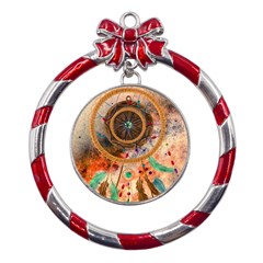 Dream Catcher Colorful Vintage Metal Red Ribbon Round Ornament by Cemarart
