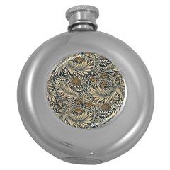 Brown Vintage Floral Pattern Damask Floral Vintage Retro Round Hip Flask (5 Oz) by Cemarart