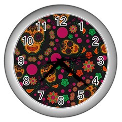 Skull Colorful Floral Flower Head Wall Clock (silver)