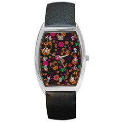 Skull Colorful Floral Flower Head Barrel Style Metal Watch