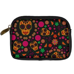 Skull Colorful Floral Flower Head Digital Camera Leather Case