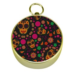 Skull Colorful Floral Flower Head Gold Compasses