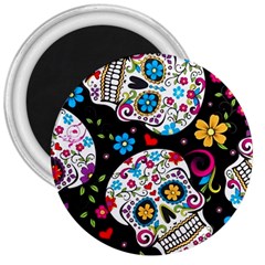 Sugar Skull Black Olorful Flower 3  Magnets