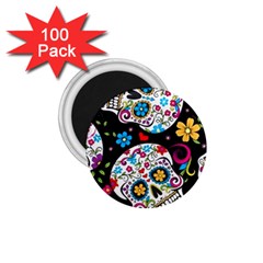 Sugar Skull Black Olorful Flower 1 75  Magnets (100 Pack) 