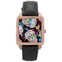 Sugar Skull Black Olorful Flower Rose Gold Leather Watch 