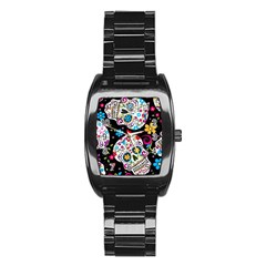 Sugar Skull Black Olorful Flower Stainless Steel Barrel Watch