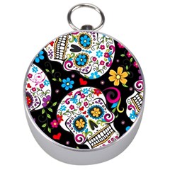 Sugar Skull Black Olorful Flower Silver Compasses by Cemarart