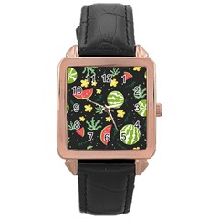 Watermelon Doodle Pattern Rose Gold Leather Watch 