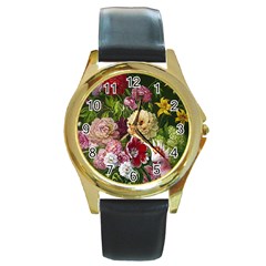 Parrot Painting Flower Art Round Gold Metal Watch