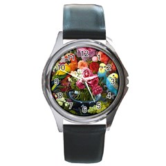 Flower And Parrot Art Flower Painting Round Metal Watch by Cemarart