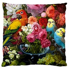 Flower And Parrot Art Flower Painting Standard Premium Plush Fleece Cushion Case (one Side)