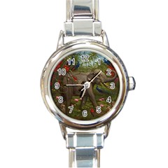 Jungle Of Happiness Painting Peacock Elephant Round Italian Charm Watch