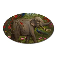 Jungle Of Happiness Painting Peacock Elephant Oval Magnet