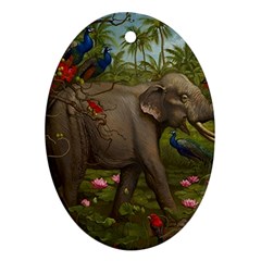 Jungle Of Happiness Painting Peacock Elephant Oval Ornament (two Sides)