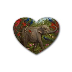 Jungle Of Happiness Painting Peacock Elephant Rubber Heart Coaster (4 Pack)