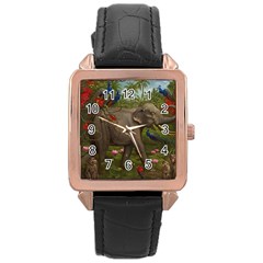 Jungle Of Happiness Painting Peacock Elephant Rose Gold Leather Watch 