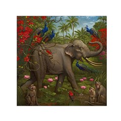 Jungle Of Happiness Painting Peacock Elephant Square Satin Scarf (30  X 30 )