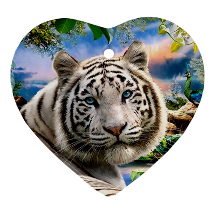 White Tiger Peacock Animal Fantasy Water Summer Ornament (Heart)