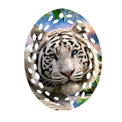 White Tiger Peacock Animal Fantasy Water Summer Ornament (Oval Filigree)