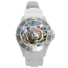 White Tiger Peacock Animal Fantasy Water Summer Round Plastic Sport Watch (l)