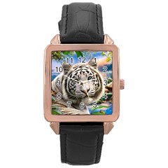 White Tiger Peacock Animal Fantasy Water Summer Rose Gold Leather Watch 