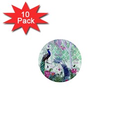 Peacock Parrot Bird Pattern Exotic Summer Green Flower Jungle Paradise 1  Mini Magnet (10 Pack) 