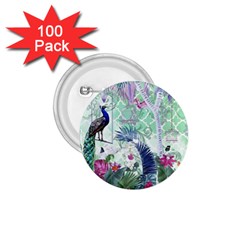 Peacock Parrot Bird Pattern Exotic Summer Green Flower Jungle Paradise 1 75  Buttons (100 Pack) 