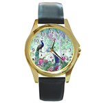 Peacock Parrot Bird Pattern Exotic Summer Green Flower Jungle Paradise Round Gold Metal Watch Front