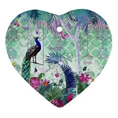 Peacock Parrot Bird Pattern Exotic Summer Green Flower Jungle Paradise Heart Ornament (two Sides)