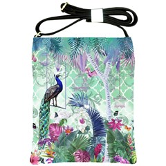 Peacock Parrot Bird Pattern Exotic Summer Green Flower Jungle Paradise Shoulder Sling Bag by Cemarart