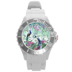 Peacock Parrot Bird Pattern Exotic Summer Green Flower Jungle Paradise Round Plastic Sport Watch (l)