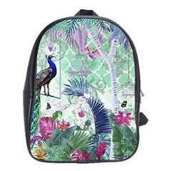 Peacock Parrot Bird Pattern Exotic Summer Green Flower Jungle Paradise School Bag (XL)